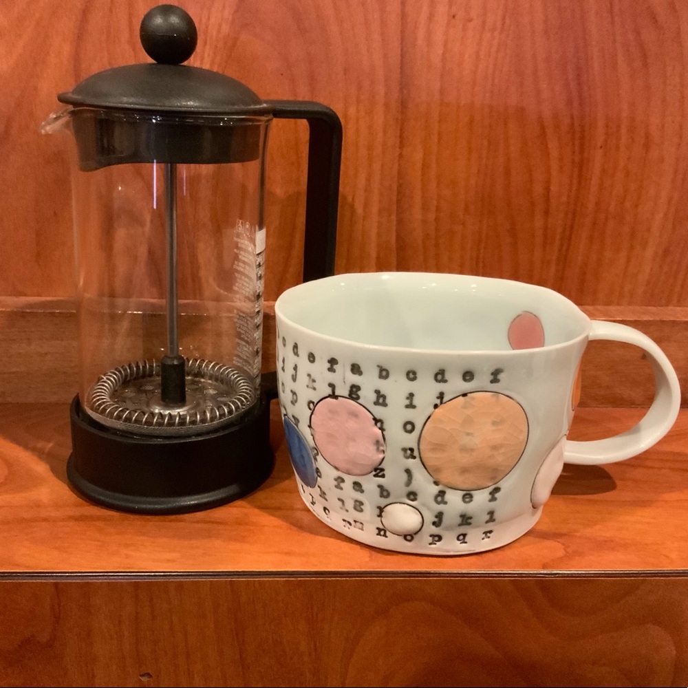 Mini Bodum Single Serve French Press & Cool Cermaic Coffee Mug Signed by Artist
